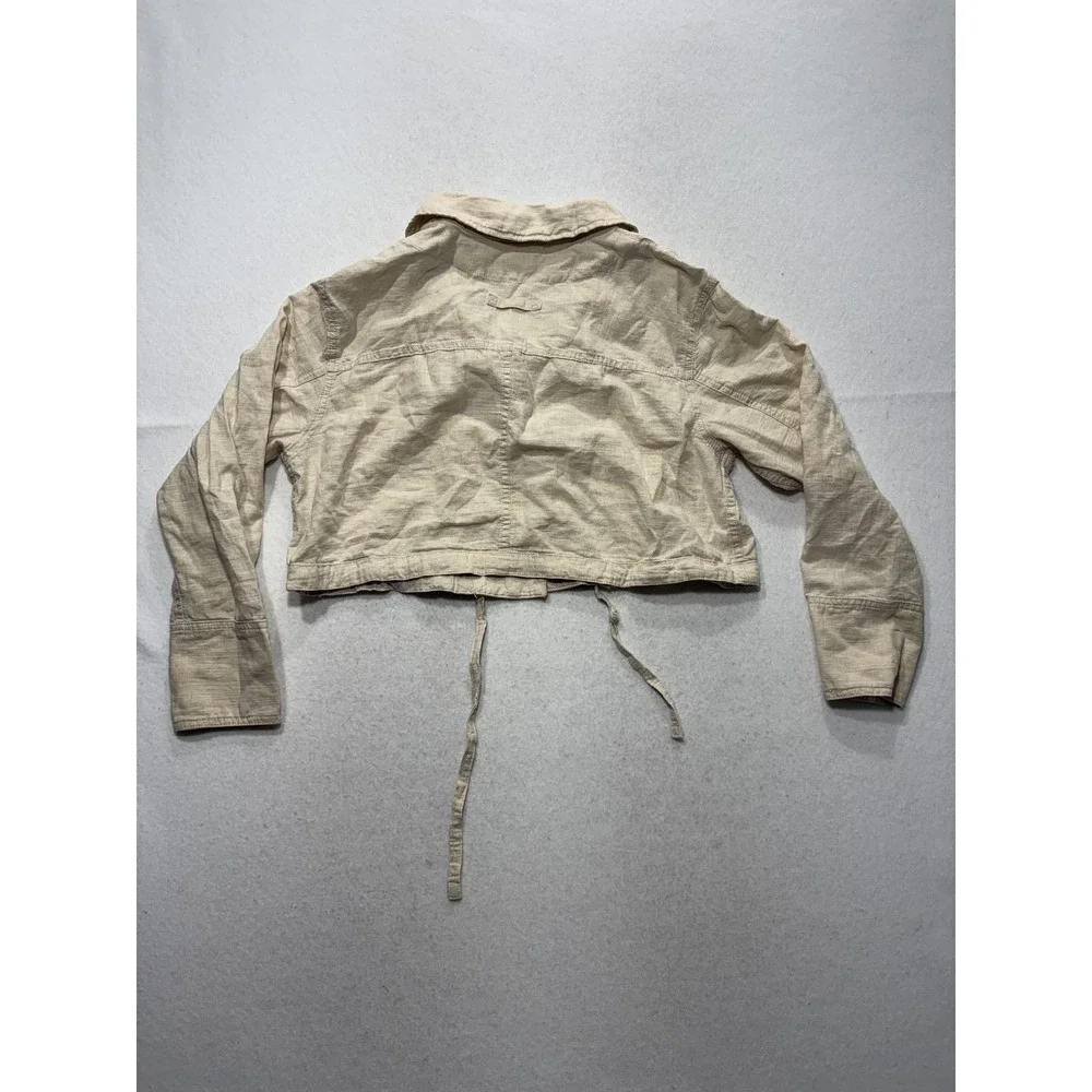 Free People Jacket Womens XS Beige Linen Cropped Button Front Drawstring Hem